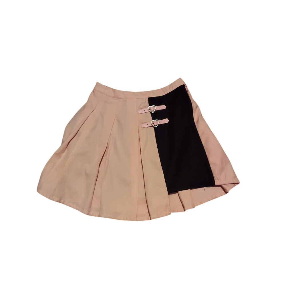 Hot Topic Skirt M Pink Black Pleated Mini Grunge Goth Heart Buckle School Girl
